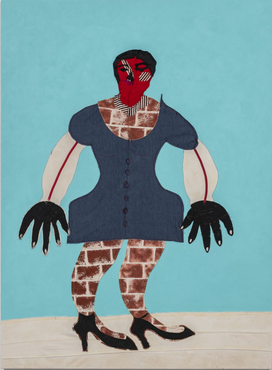 Tschabalala Self Lenox 2017 Fabric, ribbon, painted canvas, flashe and acrylic on canvas 172.7 x 127 cm Courtesy of the artist and Pilar Corrias Gallery