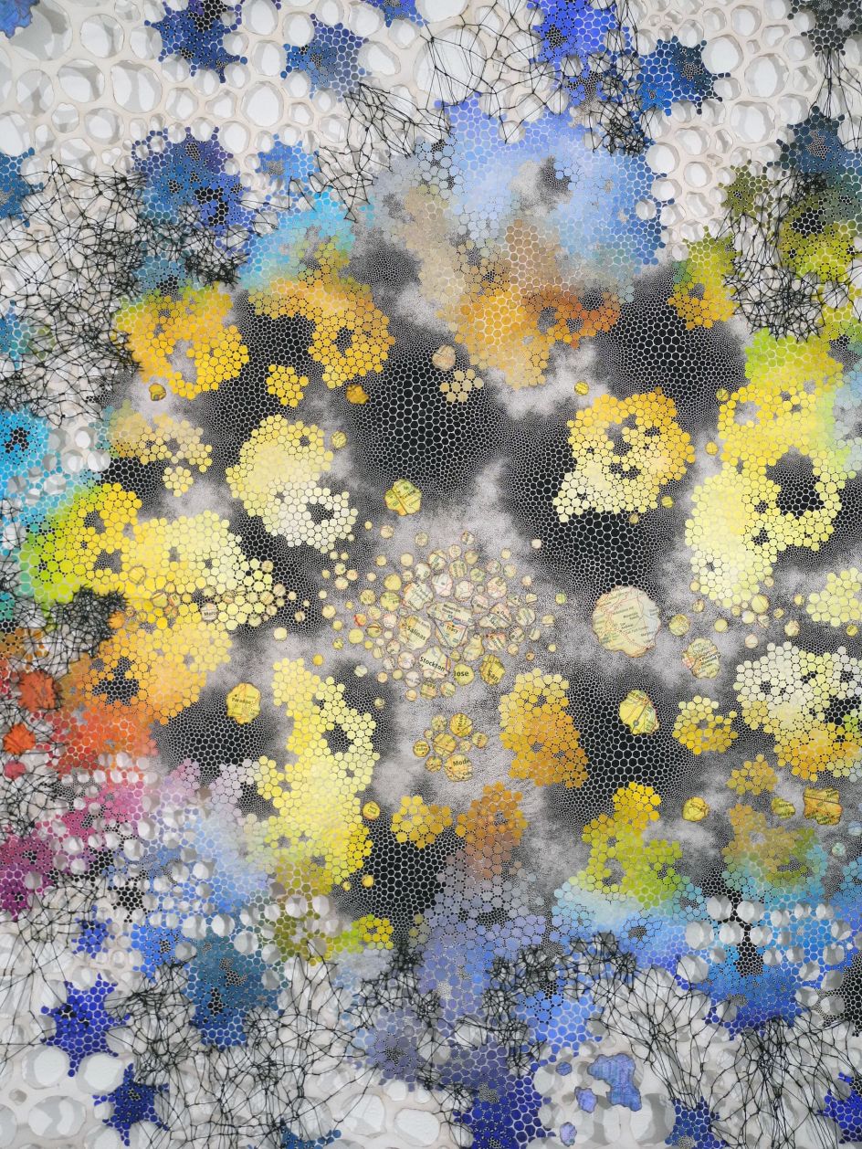 Extravasate Karen Margolis Extravaste, 2018 watercolor, gouache, maps, thread on Abaca paper 58”x 44” Courtesy of the artist and Garis & Hahn