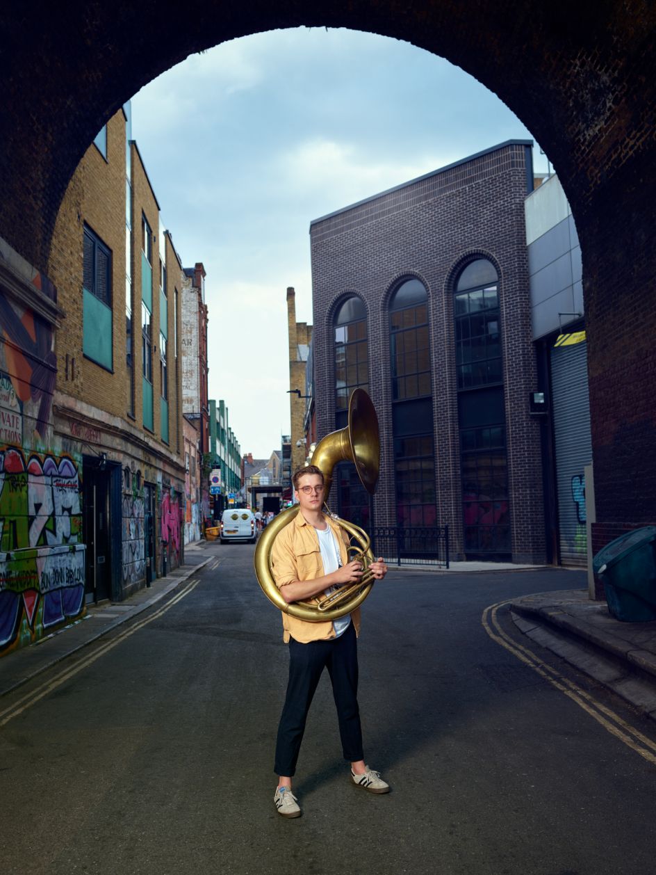 Michael Ruddlesden - Sousaphone, Under the railway arch on Electric Lane © Michael Wharley