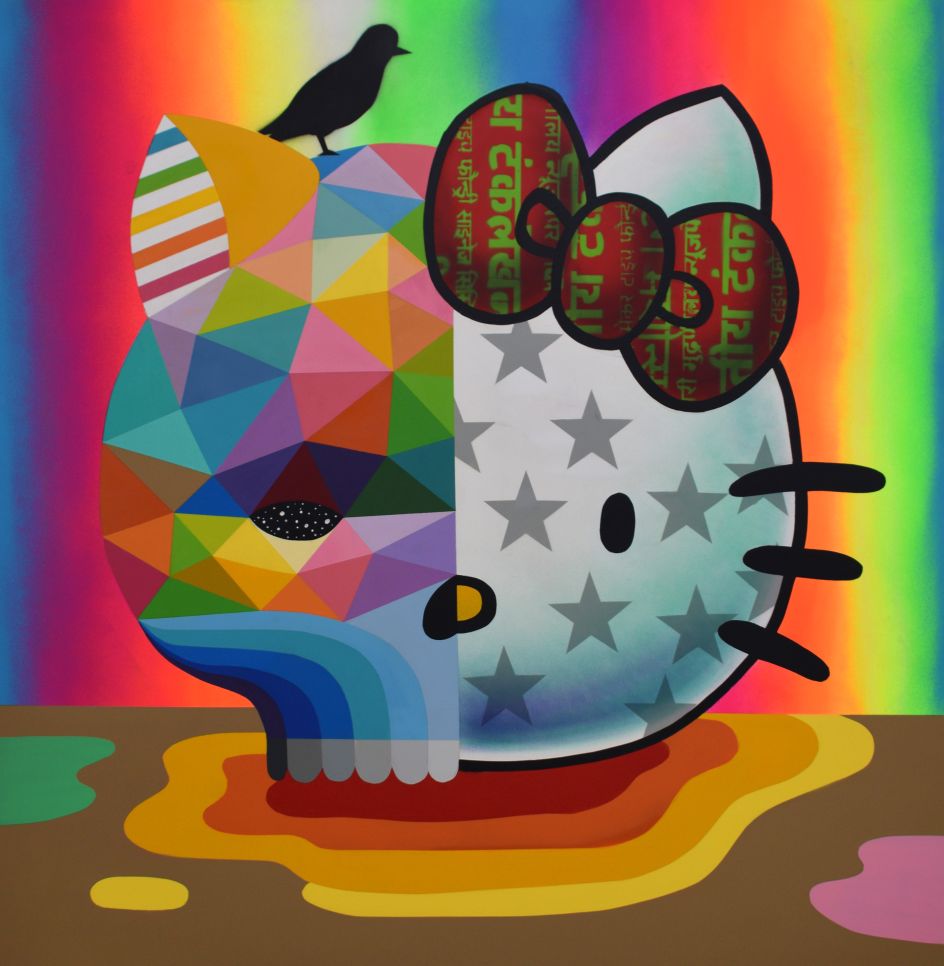 Okuda San Miguel 'Hello Kitty Skull’ (synthetic enamel on wood, 39.4 x 39.4 inches)
