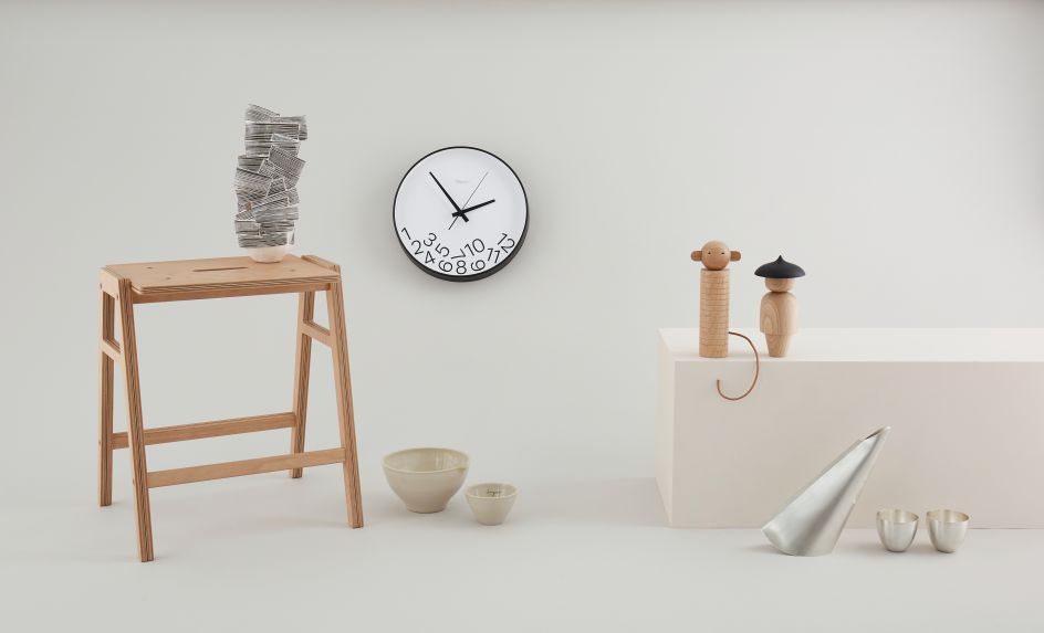 Stool by King & Webbon, Sculpture by Bronwen Grieves, Bowls by Alice Funge, Philosophy Clock by Sophie Melissa, Totem Collection by Anna Manfield, Veer Pouring Vessel & Two Cups by Alex O'Connor. Photography by Yeshen Venema
