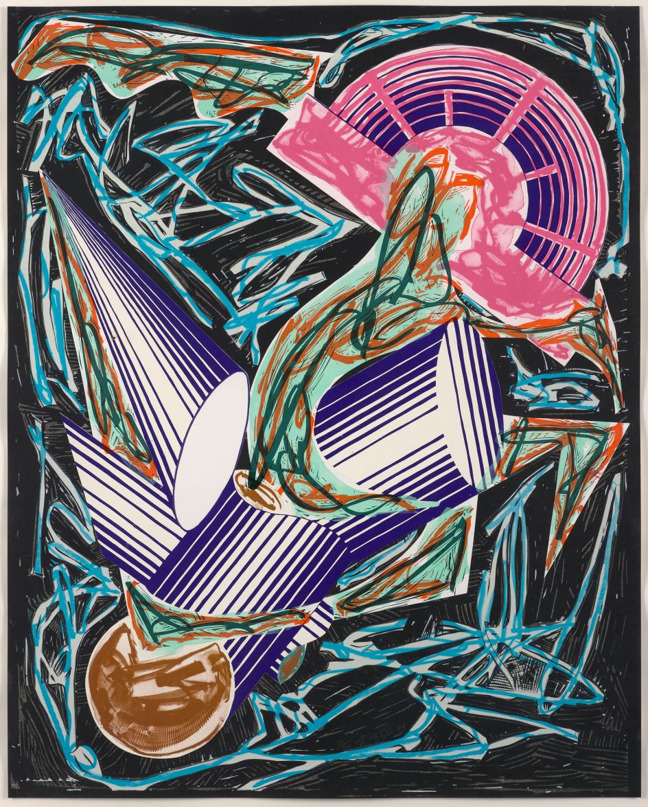 Frank Stella, American, born 1936. Had Gadya: Front Cover, 1984. Hand- coloring and collage with lithograph, linocut, and screenprint on T.H. Saunders paper (background) and shaped, hand-cut Somerset paper (collage), 108 × 86 cm. Collection of Preston H. Haskell, Class of 1960 / © 2017 Frank Stella / Artists Rights Society (ARS), New York