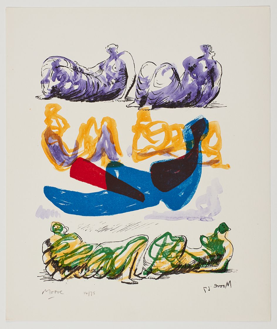 Henry Moore Reclining Figures with Blue Central Composition, 1967 lithograph Courtesy Marlborough Fine Art