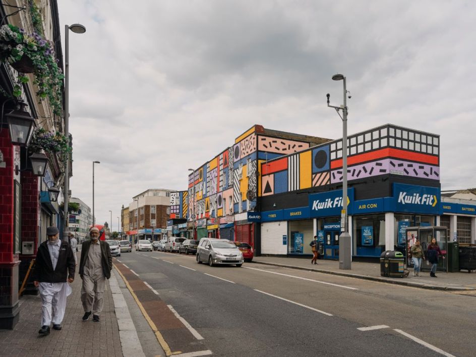 Walala Parade by Camille Walala in Leyton. Commissioned by Wood Street Walls. Photography by Tim Crocker