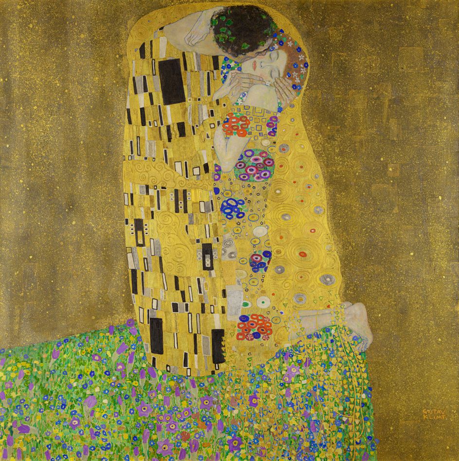 Gustav Klimt (1862–1918) The Kiss, 1908, oil and gold on canvas. Autrian Gallery Belvedere, Vienna, Austria. Image licensed via Adobe Stock