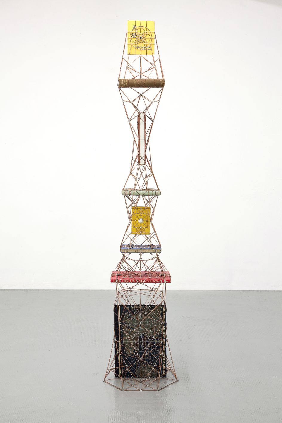 Leonardo Ulian, Atlas 02 - The Observer (2014), Copper Wire, Micro Chips and Books, 181x36x41cm