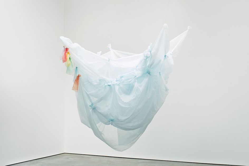 Karla Black Easily Asked 2014 Polythene, powder paint, plaster powder, thread 196 × 161 × 143 cm Image courtesy of Karla Black and Stuart Shave/Modern Art, London