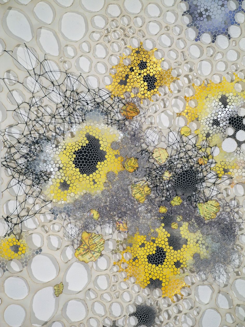 Believer Karen Margolis Believer, 2018 watercolor, gouache, maps, thread on Abaca paper 30”x22” Courtesy of the artist and Garis & Hahn