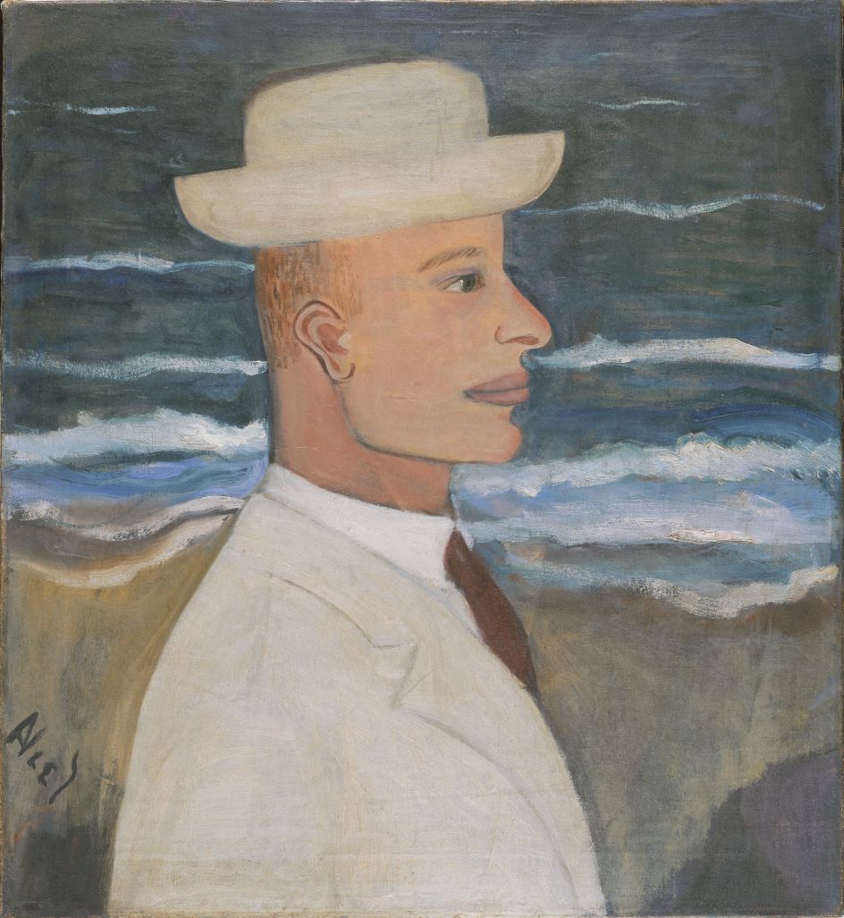 Portrait of John with Hat, 1935, by Alice Neel, American, 1900 - 1984. Oil on canvas, 23 1/2 x 21 1/2 inches. Philadelphia Museum of Art: Gift of the estate of Arthur M. Bullowa, 1993-119-2