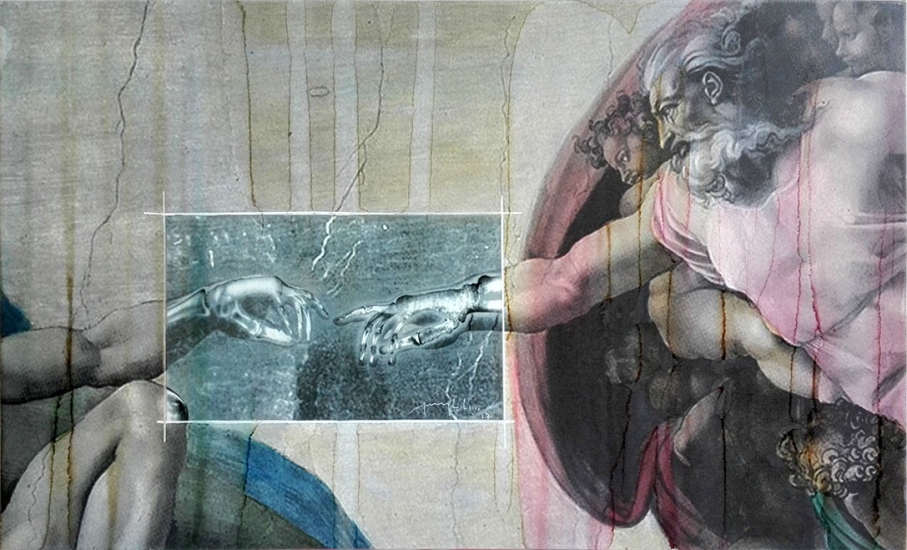 Grandi Maestri: Michelangelo, Creazione di Adamo, 2017 Alcohol on pigmented canvas. 60 x 99 cm (23.6 x 39.0 in)