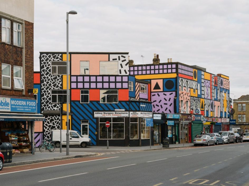 Walala Parade by Camille Walala in Leyton. Commissioned by Wood Street Walls. Photography by Tim Crocker