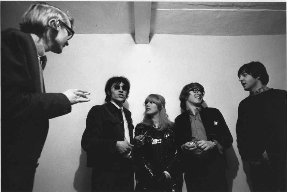 Miles, John Dunbar, Marianne Faithfull, Peter Asher, Paul McCartney in the basement gallery of Indica, 1966