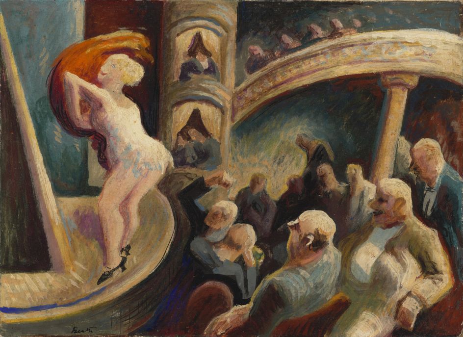 Burlesque, c. 1922, by Thomas Hart Benton, American, 1889 - 1975. Tempera on panel, 9 1/2x 12 1/2 inches. Philadelphia Museum of Art: Bequest of Edward Suckle, M.D., 2002-91-1. © T. H. Benton and R. P. Benton Testamentary Trusts / UMB Bank Trustee / Licensed by VAGA, New York