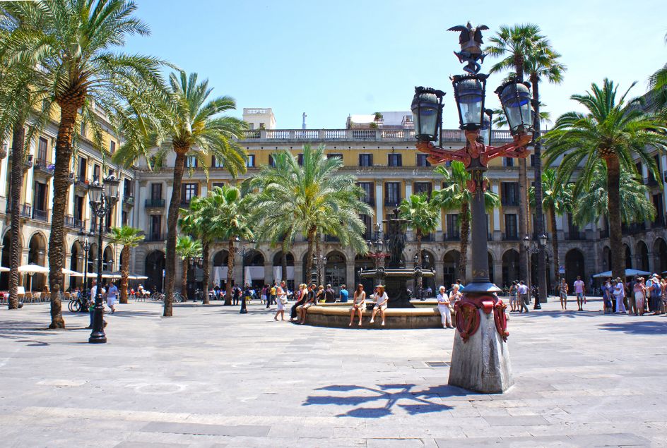 Plaza Real is a square in the Gothic Quarter in Barcelona, Spain. Image licensed via Adobe Stock