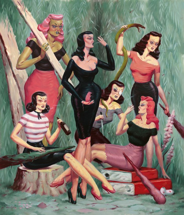 One of the ‘Mean Girls Club’ paintings (oil on canvas, 43 x 37 inches) © Ryan Heshka. All images courtesy of the artist and gallery.