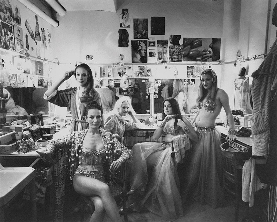 Five Blackpool Tower Circusettes in their changing room Blackpool Tower 1974. © Peter Lavery
