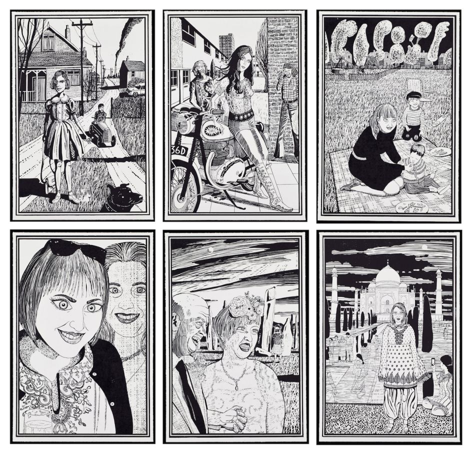 Grayson Perry, Six Snapshots of Julie, 2015, Six woodcuts, Each: 72.5 x 48.5 cm 28 1/2 x 19 1/8 in Published by Paragon © Grayson Perry. Courtesy the artist, Paragon | Contemporary Editions Ltd and Victoria Miro, London