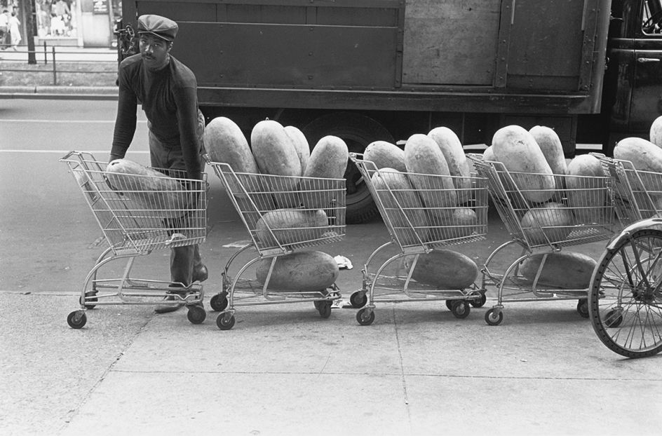 Store vendor with watermelons in shopping carts, 1966