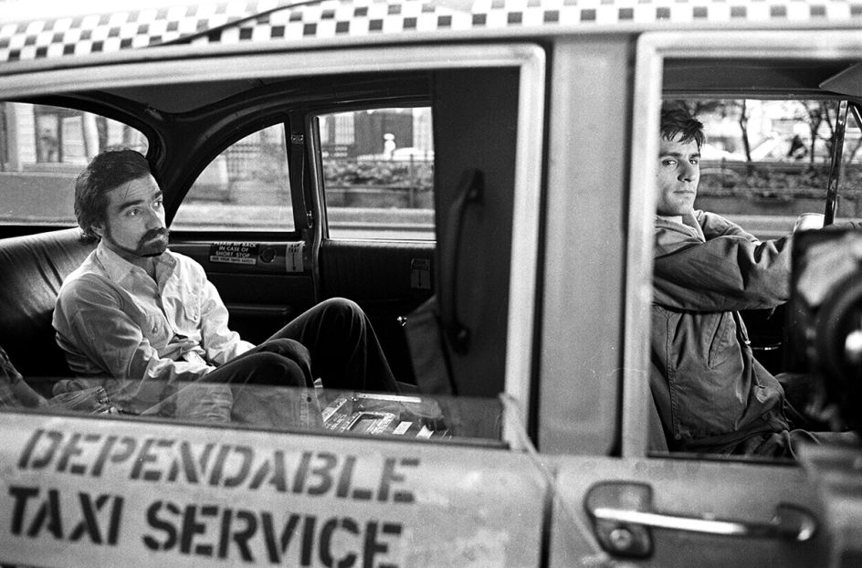 Martin Scorsese in the back of De Niro’s cab during filming of Taxi Driver, New York, 1975. © Steve Schapiro, courtesy Howard Greenberg Gallery, New York