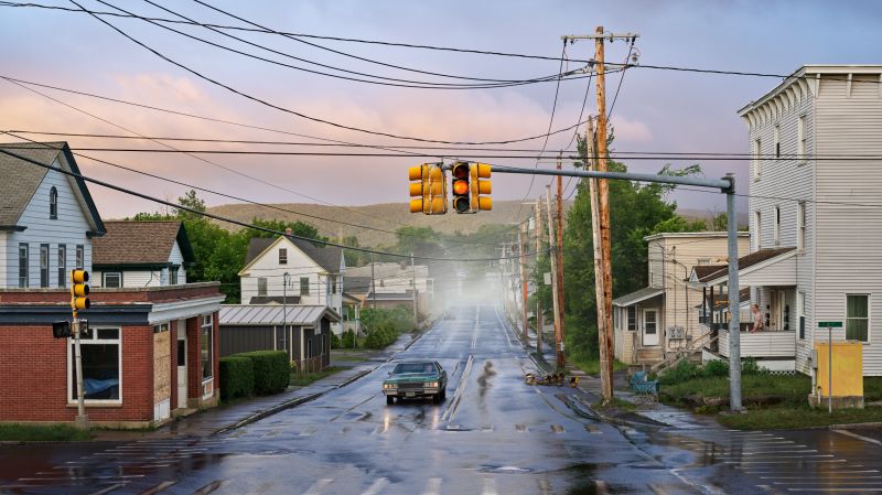 Panoramic photographs of a desolate New England town look like