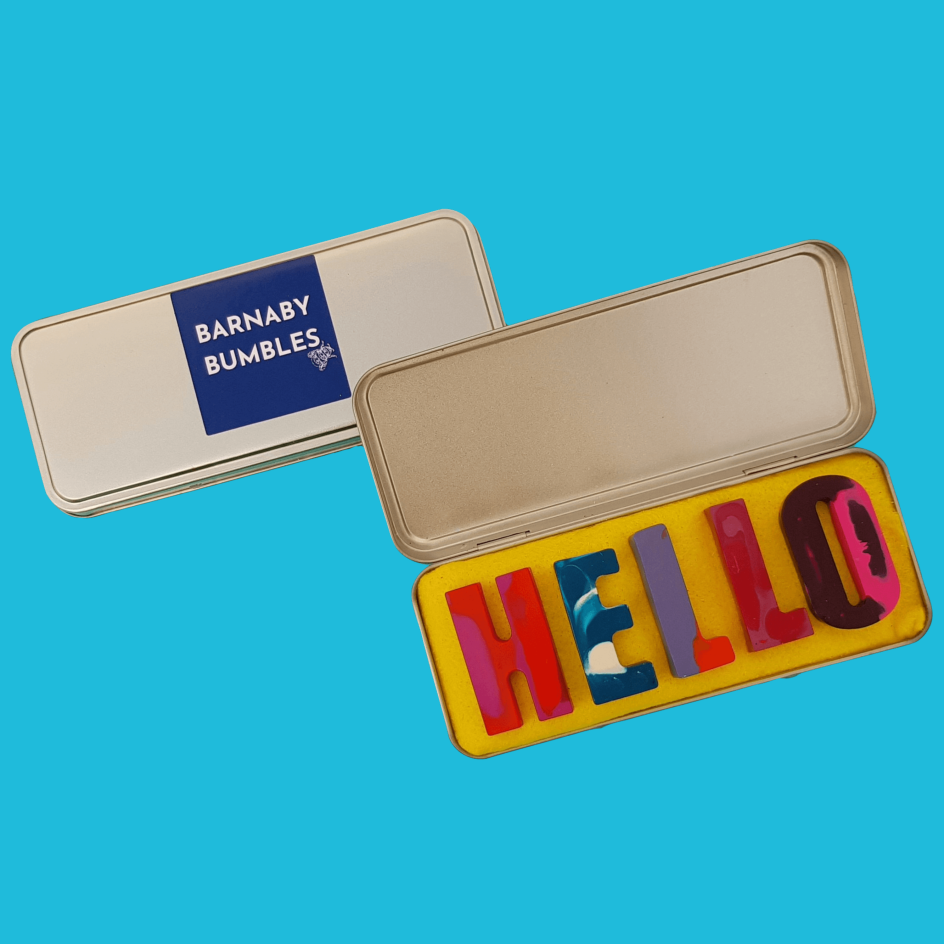 Hello, handmade letter crayons by Barnaby Bumbles. Image courtesy of Barnaby Bumbles.