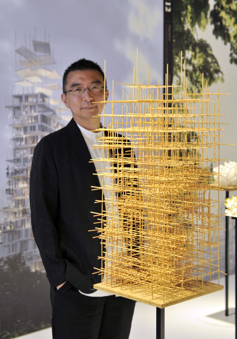 Sou Fujimoto, acclaimed Japanese architect, inspects Mist Tower, one of 100 exhibits on display in his exhibition Futures of the Future at Japan House London