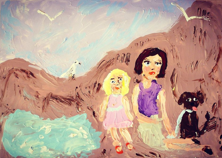‘Ellenor, Melissa and Brigadier at the Rumbling Kurn, (Howick Beach), finger-painting, acrylic on Arches paper, 2012 © Stella Vine