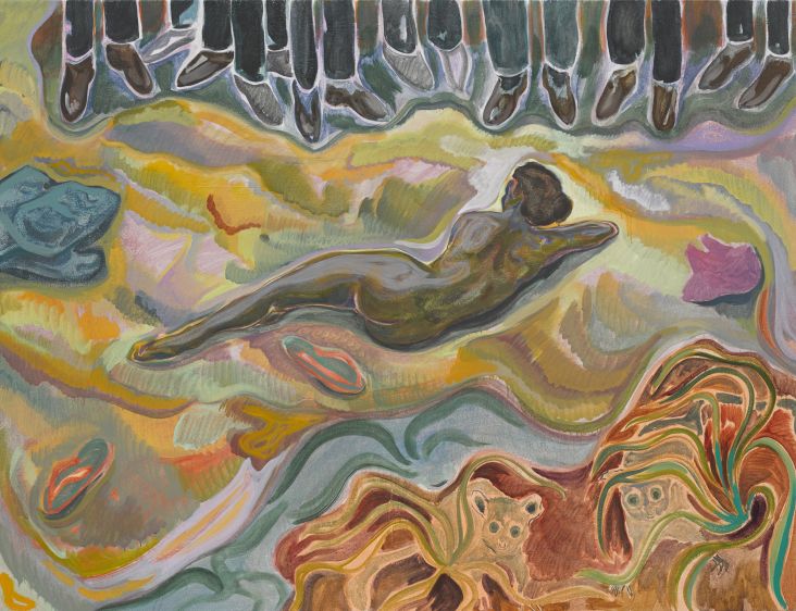 Michael Armitage #mydressmychoice 2015 Oil on Lubugo bark cloth 149.9 x 195.6 cm Private Collection, London © Michael Armitage. Photo © White Cube (George Darrell). Via submission