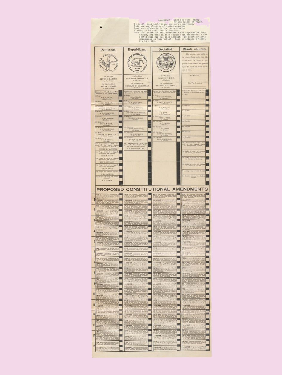 Louisina ballots: Louisiana, 1904, with a densely typeset list of proposed amendments below the candidates’ names.