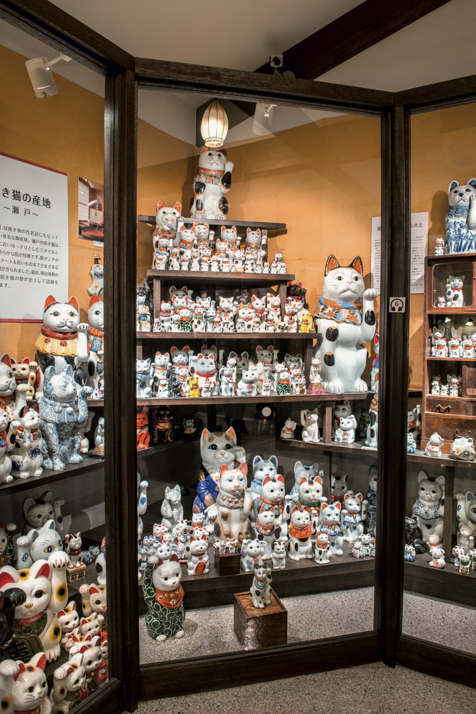 A display of regional Seto cats at the Manekineko Museum. They are slim, look closer to real cats and wear bibs with pleats and bells. © Julian Krakowiak