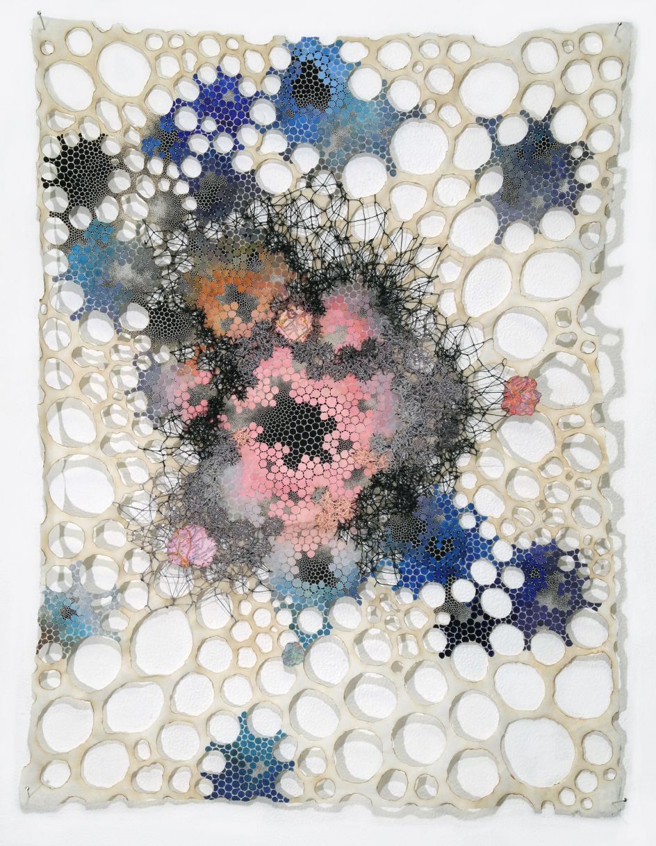 Cathexis Karen Margolis Cathexis, 2017 watercolor, gouache, maps, thread on Abaca paper 24”x18” Courtesy of the artist and Garis & Hahn