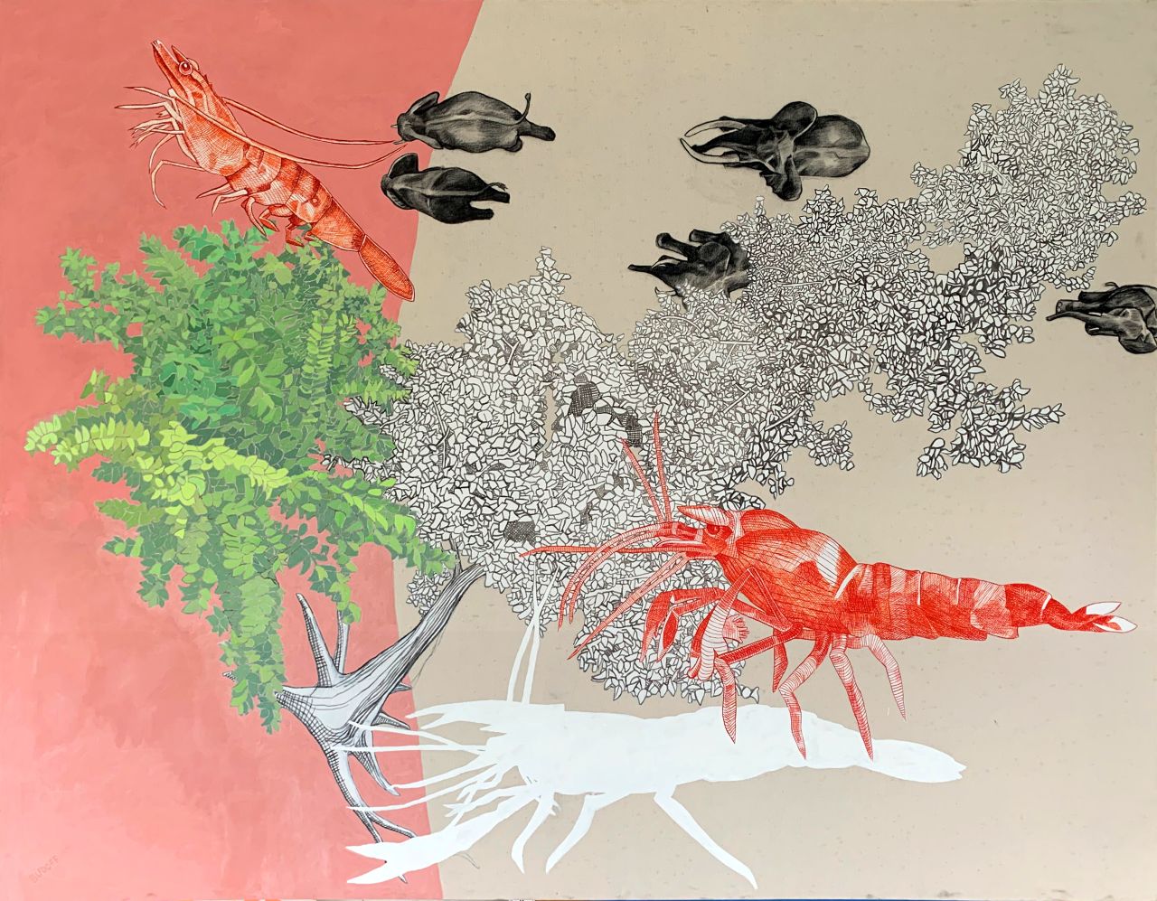 Nathan Budoff (American, b. 1962) Even the Smallest Among Us , 2021 Charcoal, shellac-based ink, acrylic and oil on canvas Lent by artist © Nathan Budof