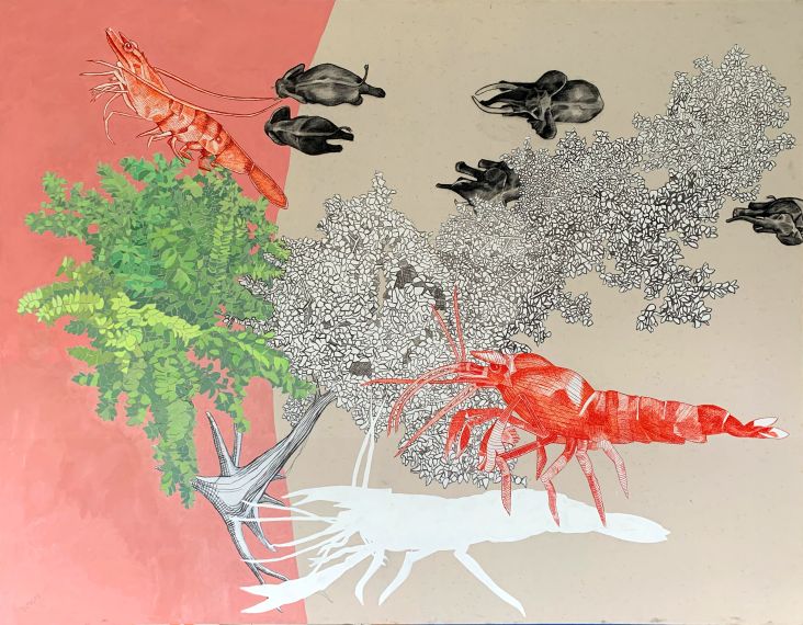 Nathan Budoff (American, b. 1962) Even the Smallest Among Us , 2021 Charcoal, shellac-based ink, acrylic and oil on canvas Lent by artist © Nathan Budof