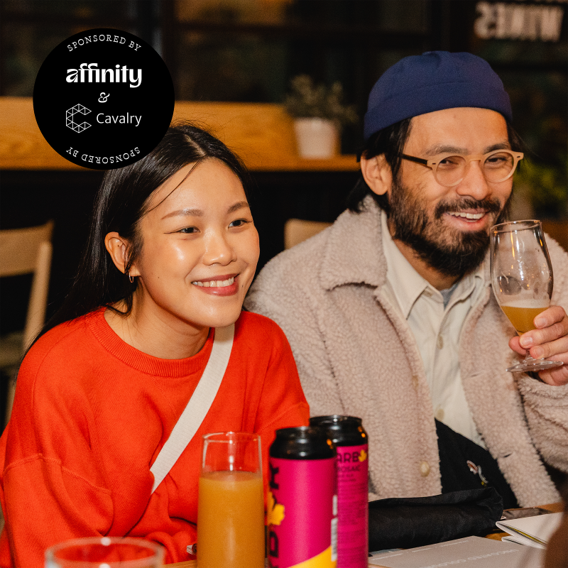 IRL on the night in Birmingham. Two creatives share a laugh.