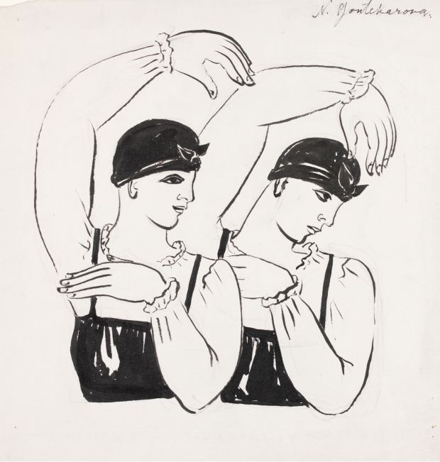 Natalia Goncharova (1881- 1962) Two female dancers (half-length). Choreography design for Les Noces c.1923 Ink and paint on paper 250 x 250 mm Victoria and Albert Museum, London © ADAGP, Paris and DACS, London 2019