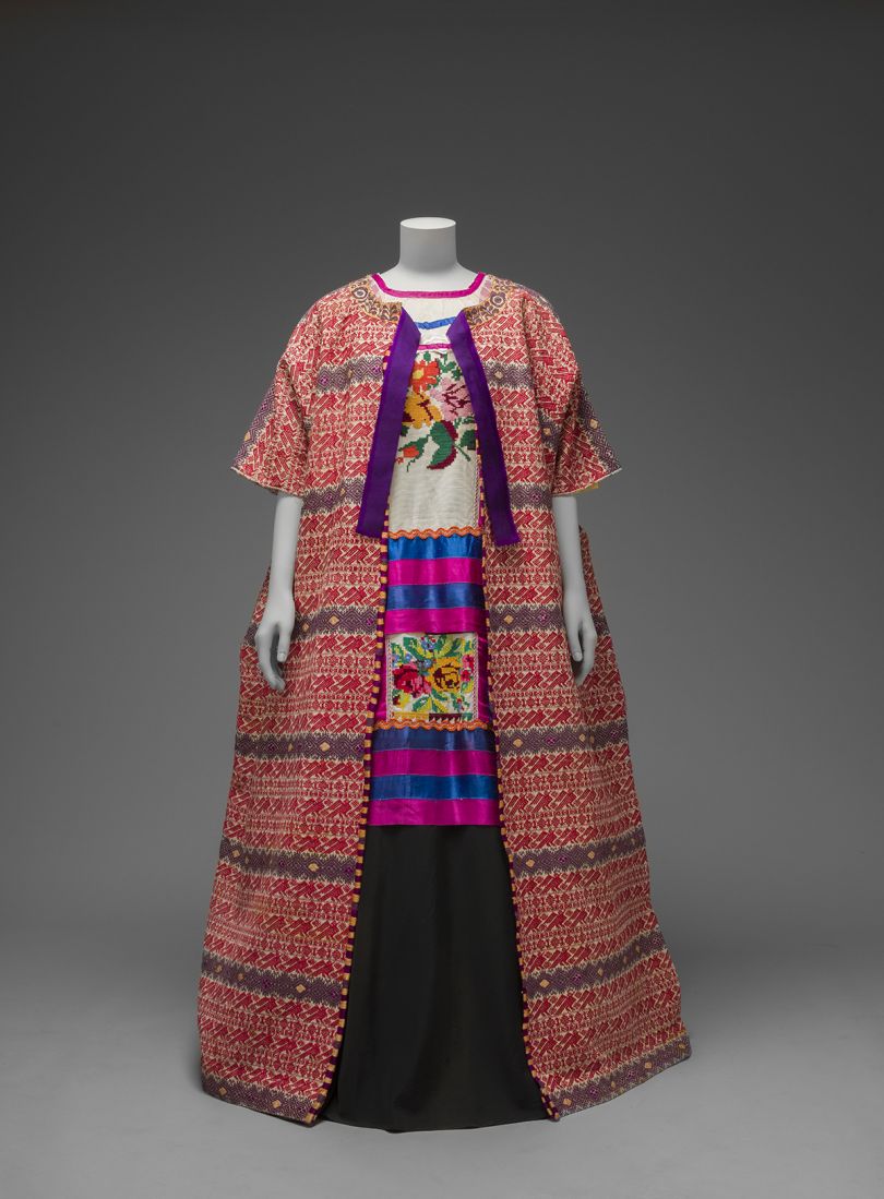 Guatemalan cotton coat worn with Mazatec huipil and plain floor-length skirt Museo Frida Kahlo © Diego Rivera and Frida Kahlo Archives, Banco de México, Fiduciary of the Trust of the Diego Riviera and Frida Kahlo Museums