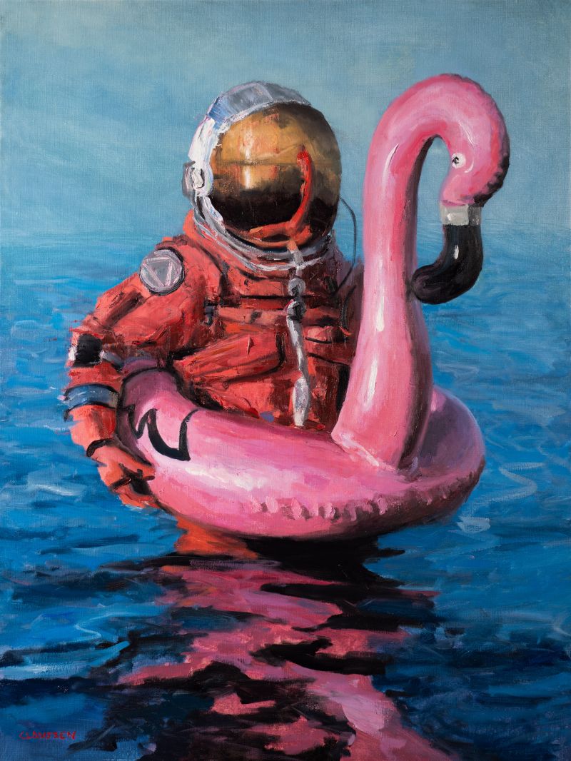 Paintings by Andreas Claussen of a lonely astronaut wandering a flooded Earth
