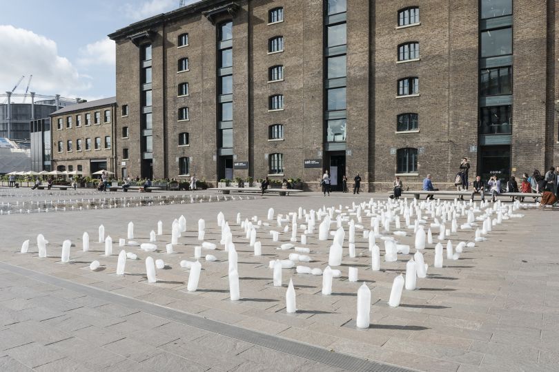 '270 Single Uses' - Installation with 270 ice casts of plastic bottles. Installed at Granary Square fountains, King Cross, on 23 May 2017