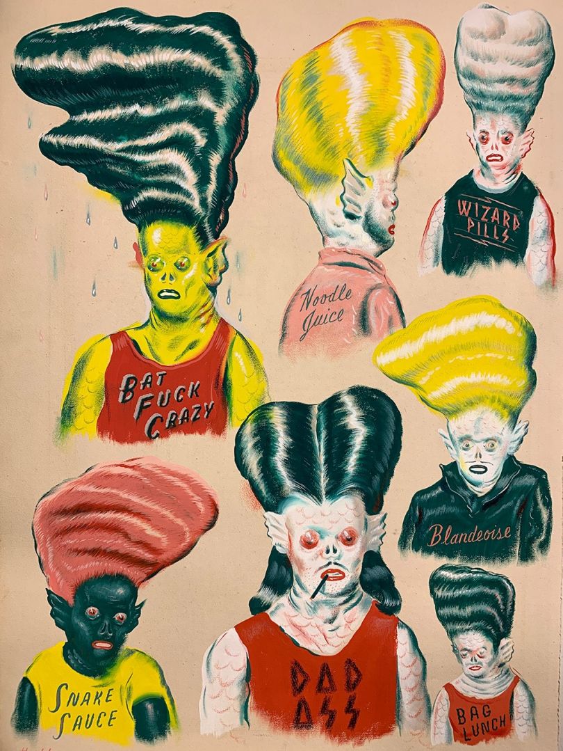 ‘Band Shirt Prototypes’ (gouache and pencil crayon on vintage paper, 14 x 10 inches) © Ryan Heshka