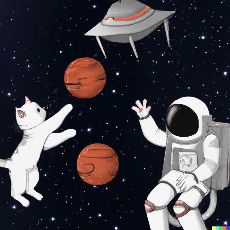 An astronaut playing basketball with cats in space as a children's book illustration © DALL-E 2