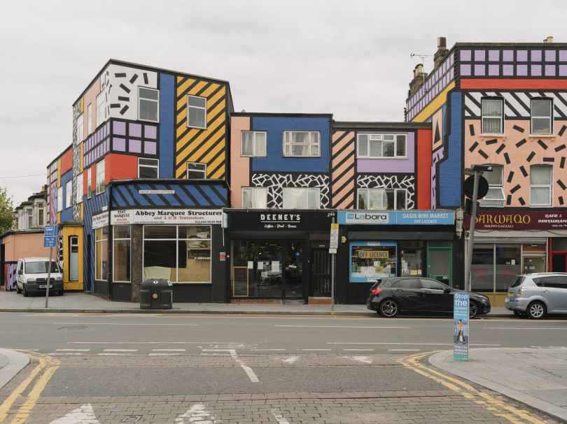 Walala Parade by Camille Walala in Leyton. Commissioned by Wood Street Walls. Photography by Tim Crocker