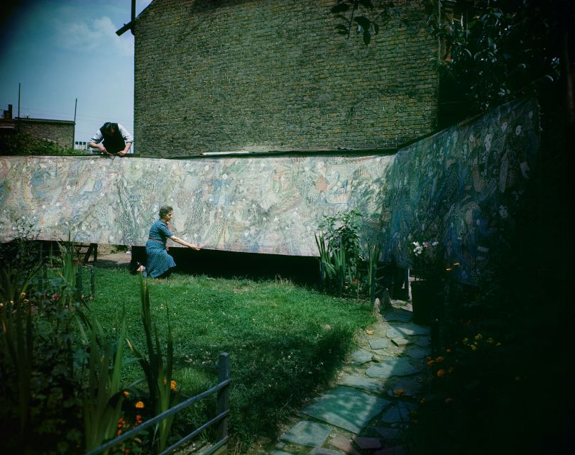 Madge Gill Displays Her Work 1947 Piece in coloured inks on calico 1.8 x 11 m Plashet Grove, East Ham, London Photo by Westwood/Paul Popper/Popperfoto/Getty Images