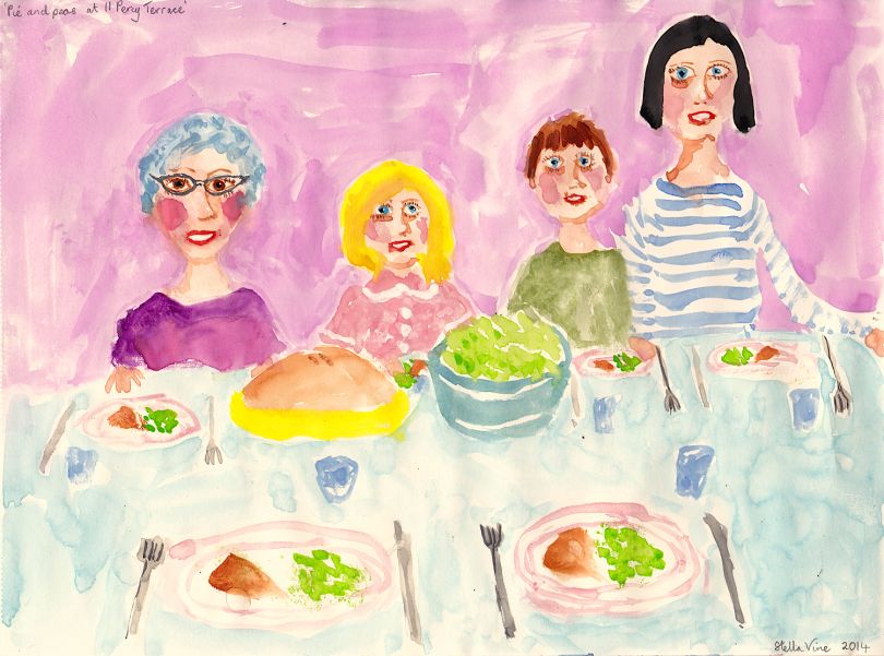 ‘Pie and peas at 11 Percy Terrace’, (Alnwick), 21cm x 29.7cm, watercolour on paper, 2014 © Stella Vine