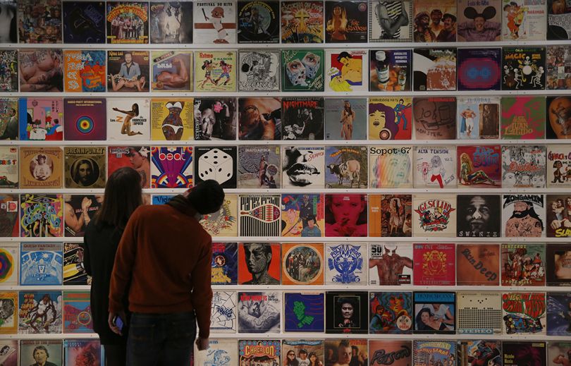 Magnificent Obsessions: The Artist as Collector, Dr Lakra’s record covers collection. Photograph by Peter McDiarmid