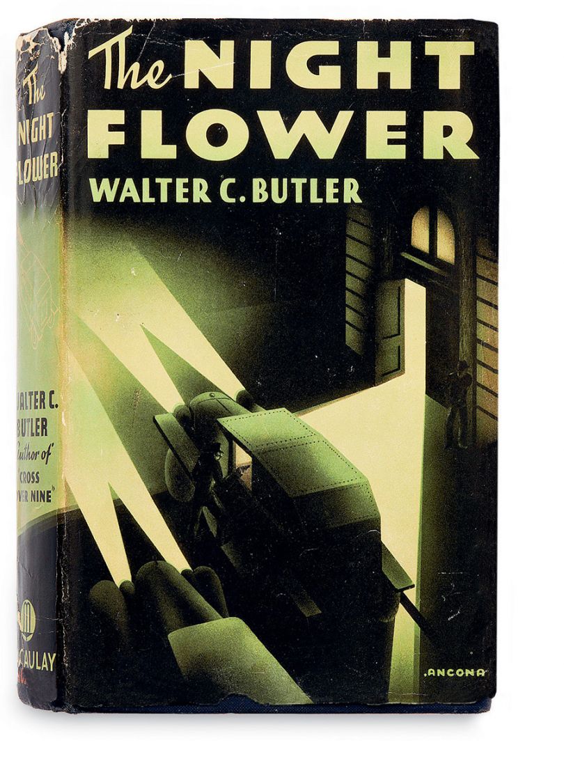 Edward d’Ancona, The Night Flower, Walter C. Butler. The Macaulay Company. New York, 1936. ‘Ancona’ Edward D’Ancona. From the collection of Martin Salisbury. Photograph, Simon Pask. The dramatic use of light and dark by ‘Ancona’ (USA) immediately conveys the information that this is a mystery novel (one of only two written by Frederick Faust under this pseudonym) and echoes the film noir genre of the period.