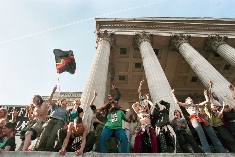 Reclaim the Streets. Trafalgar Square 1997 - Environmental protestors dance in front of the National Gallery during what became one of the largest illegal gatherings in its history.