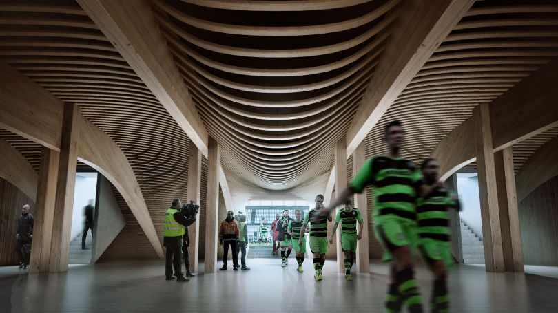 Interior photo of Forest Green Rovers (2016) Rendered by negativ.com, courtesy of Zaha Hadid Architects