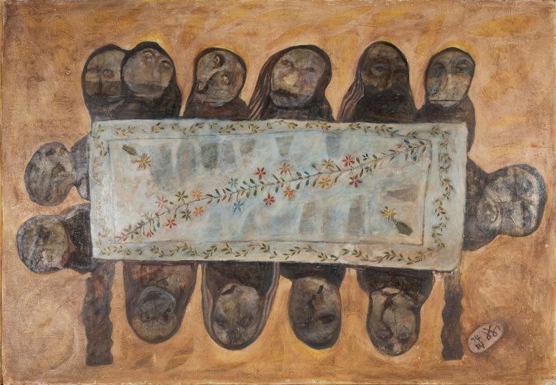 Kamala Ibrahim Ishag, Dinner Table with Embroidered Cloth, 1974. Oil on board, 122.5 x 175 x 3.3cm. Courtesy of the Sharjah Art Foundation Collection. © Kamala Ibrahim Ishag.