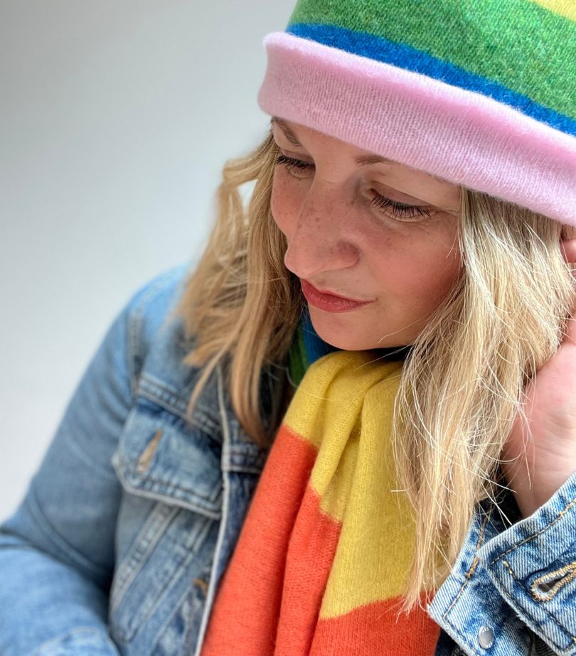 Rainbow striped scarf by Penny Grace Knitwear