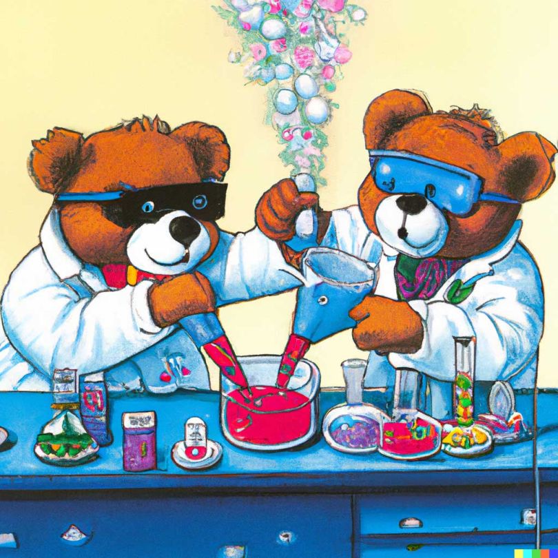 Teddy bears mixing sparkling chemicals as mad scientists as a 1990s Saturday morning cartoon © DALL-E 2
